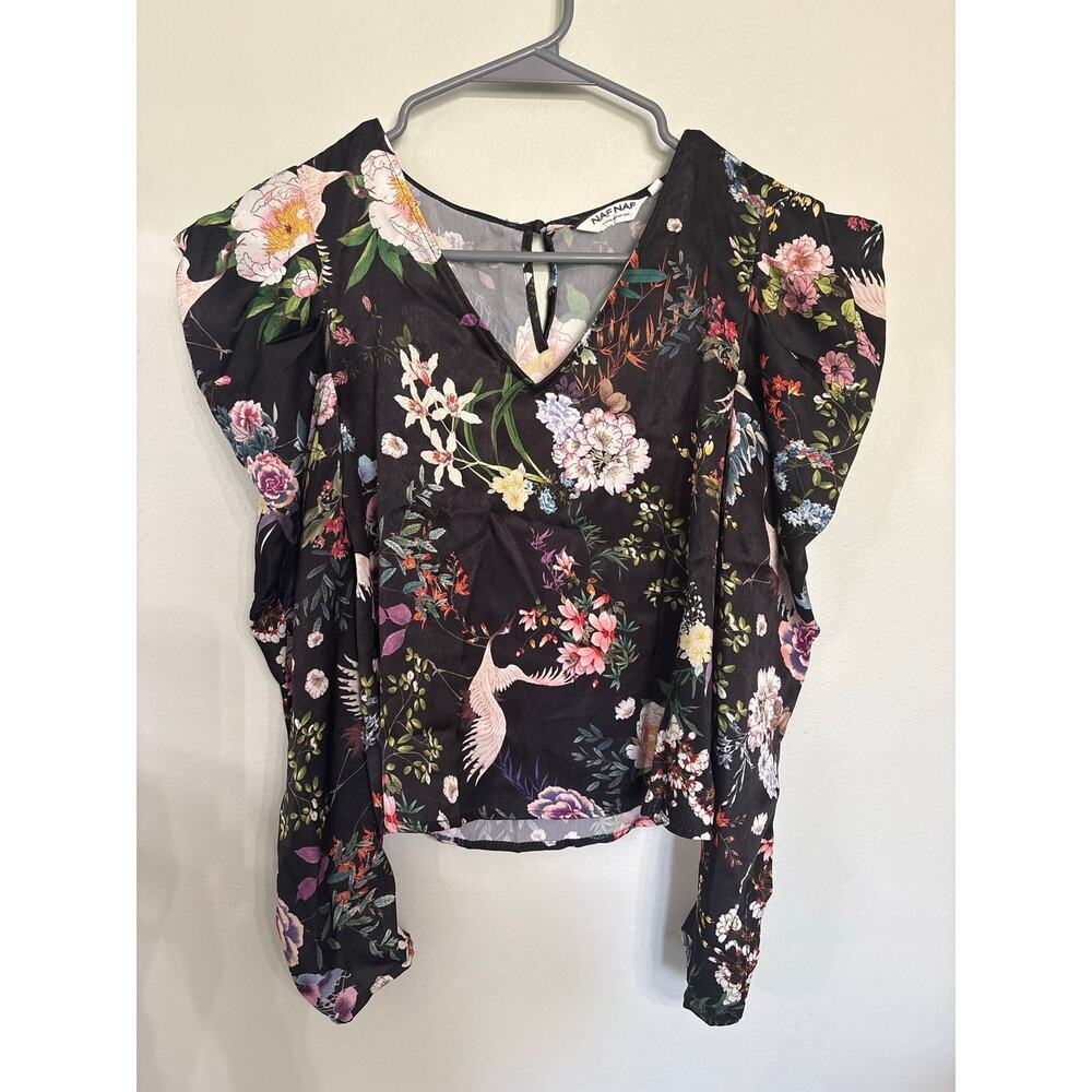 Naf Naf Black Floral Sheer Blouse Bird Print Flutter Sleeve Size Small